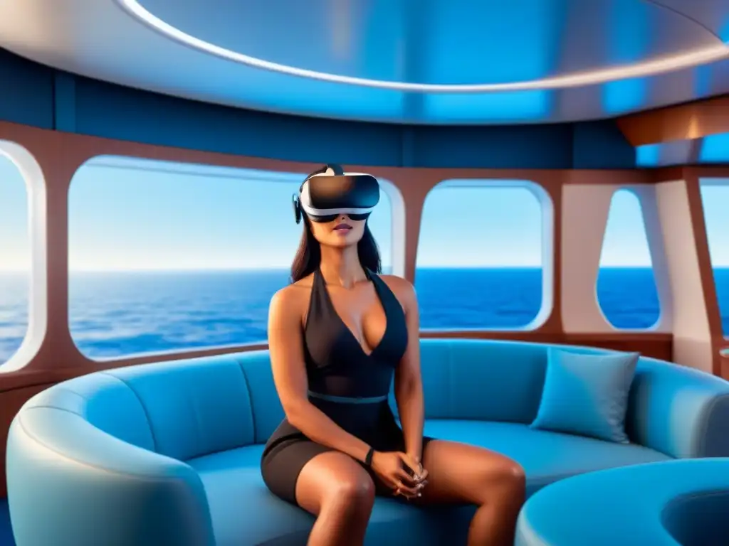 Sala de entretenimiento virtual en crucero marítimo: ambiente futurista con invitados en RV y diseño blanco elegante