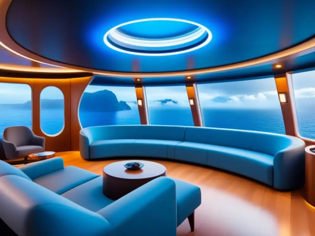 Una sala de entretenimiento virtual futurista en un crucero de lujo con destinos inaccesibles de exploración virtual