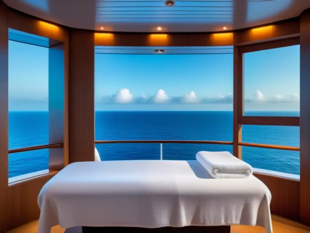 Una sala de spa serena en un crucero de lujo, con decoración minimalista y suave iluminación ambiental