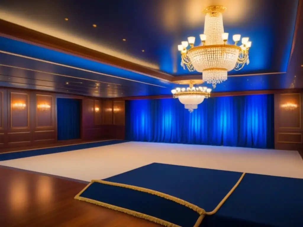 Salón de baile lujoso en crucero, iluminado por elegante candelabro