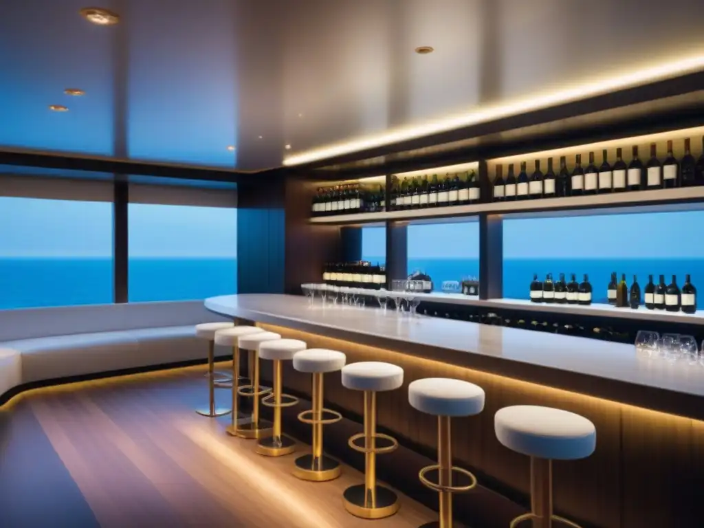 Salón de catas de vinos en cruceros: elegancia y exclusividad en alta mar con decoración moderna y vistas al océano