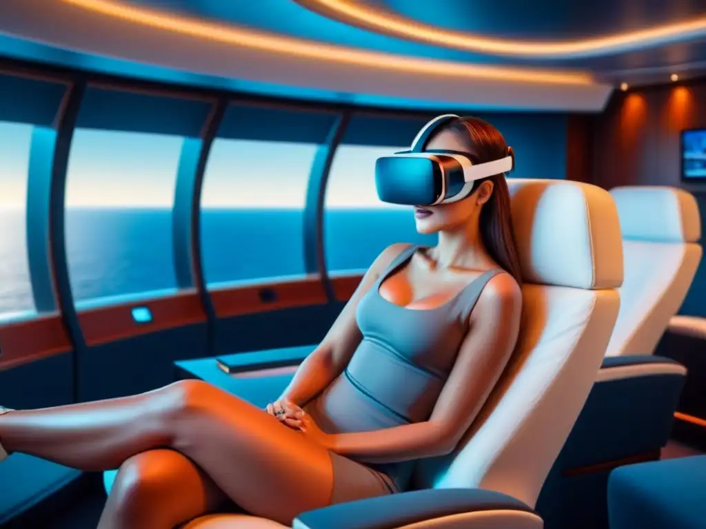 Salón de cine inmersivo en cruceros: lujo, tecnología y vistas al mar en un ambiente futurista y envolvente