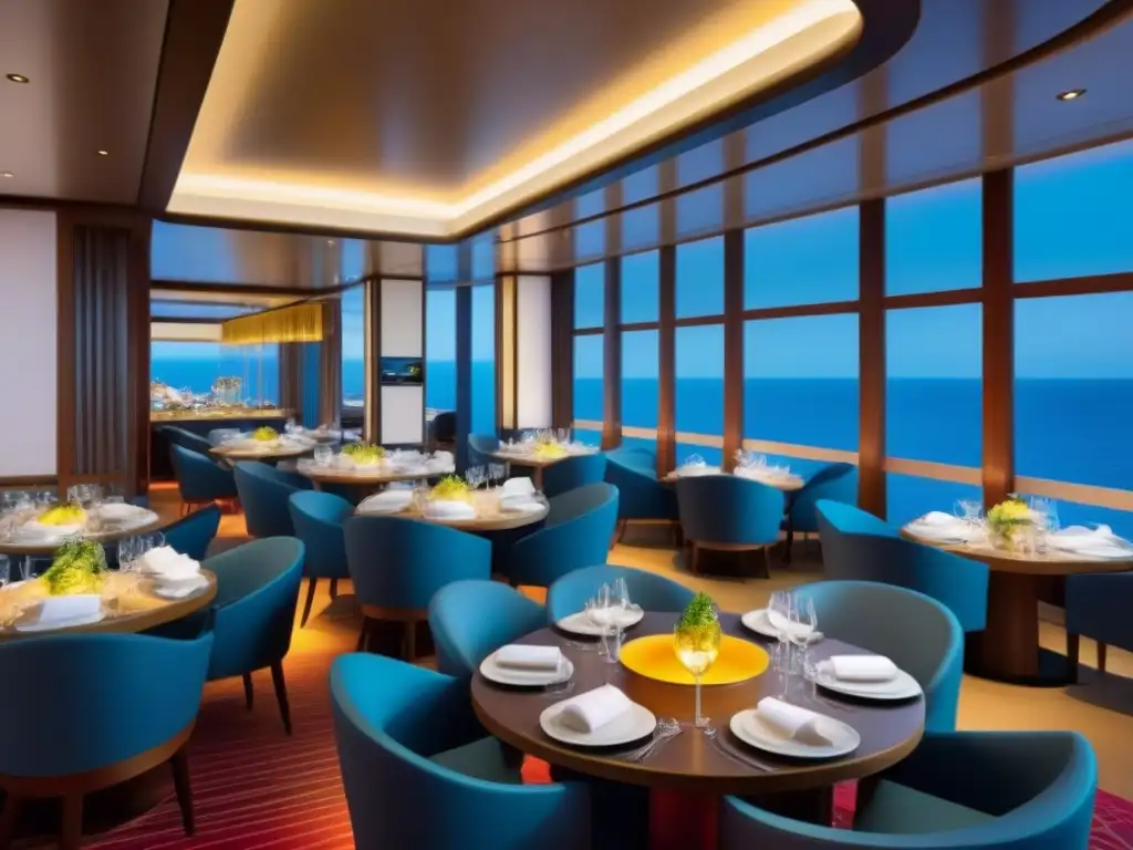 Un salón de comedor lujoso en un crucero, fusionando influencias culinarias globales