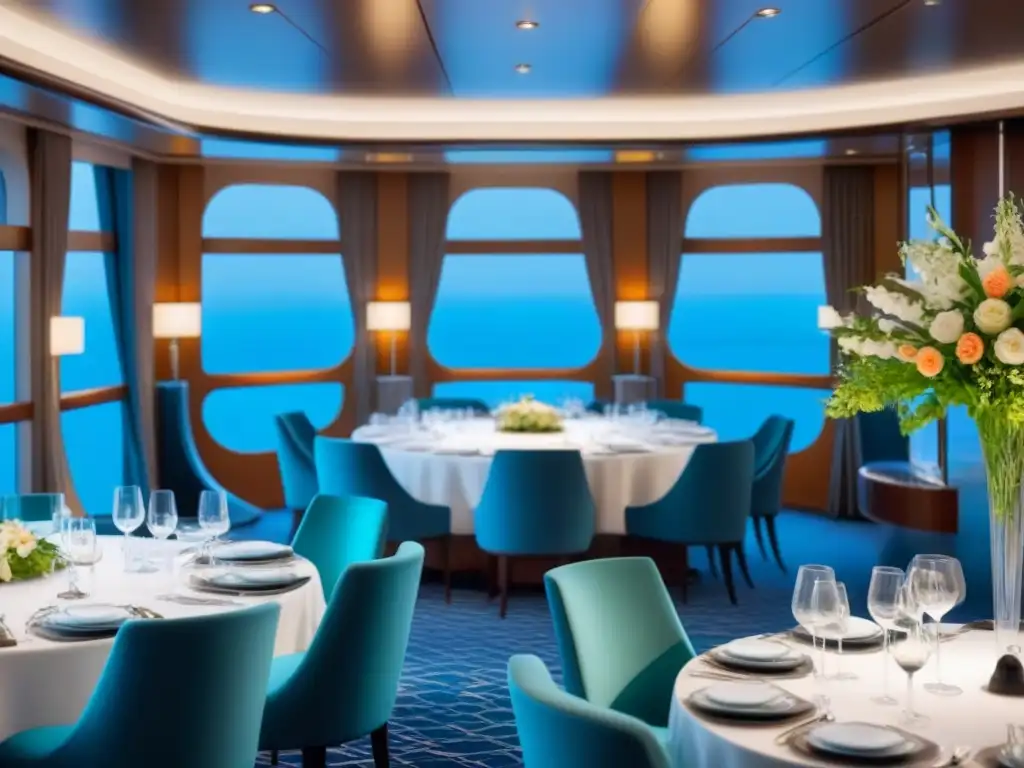 Salón de lujo en crucero con mesa elegante y decoración moderna, ideal para experiencias gastronómicas cruceros multisensoriales