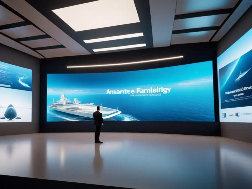 Exhibición Naval Futurista de Vanguardia en 8k Salón naval futurista con tecnología marítima en exposición
