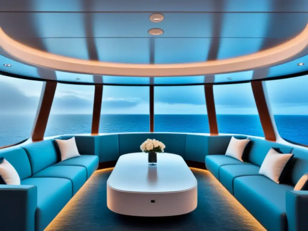 Salón de realidad virtual en cruceros: decoración minimalista blanca, auriculares VR futuristas y vista marina virtual con ballenas