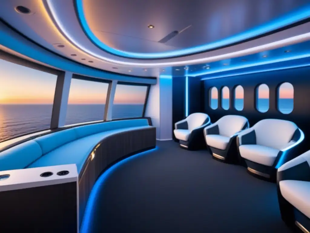 Salón de realidad virtual futurista en un crucero, decoración minimalista y auriculares VR ordenados en una mesa negra brillante