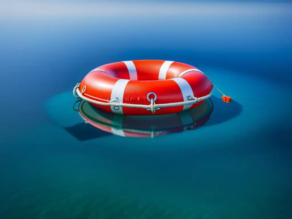 Un salvavidas moderno flota en aguas tranquilas, reflejando el cielo azul