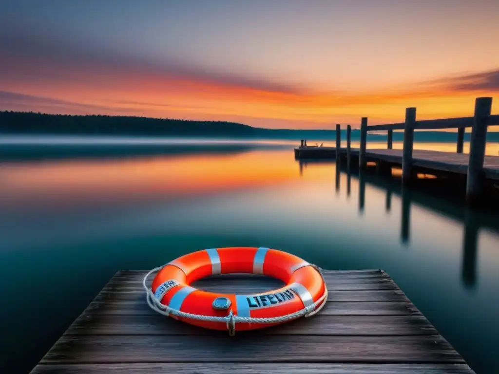 Un salvavidas cuelga en un muelle al atardecer, reflejando colores cálidos