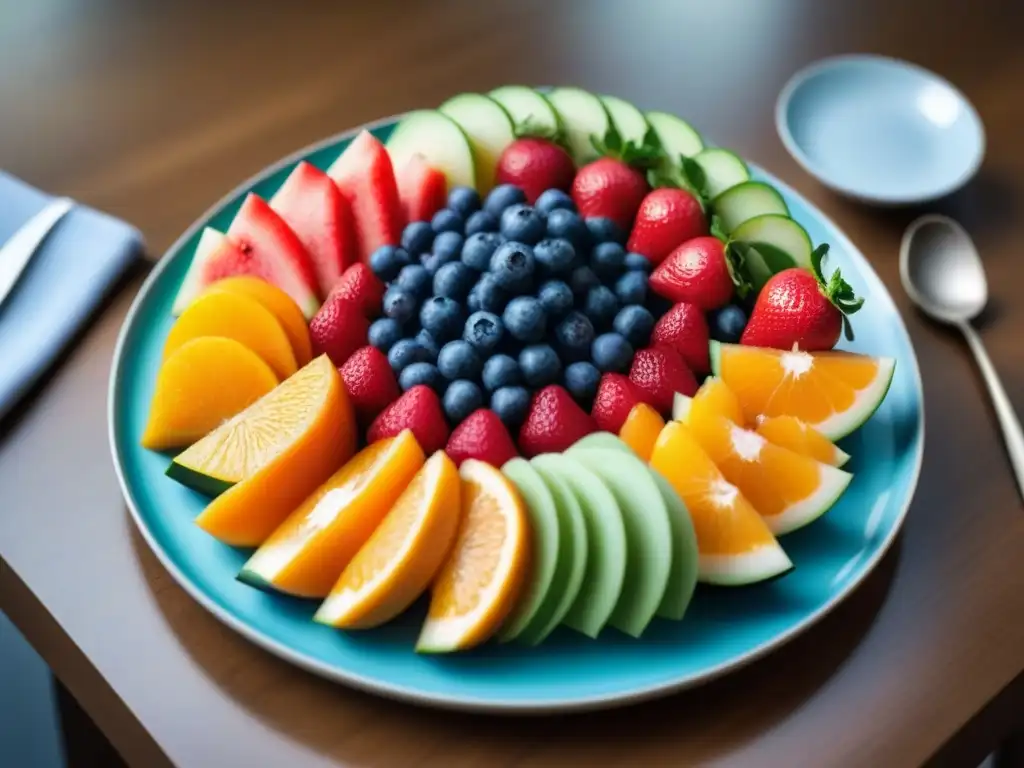 Una selección colorida de frutas frescas en un plato moderno