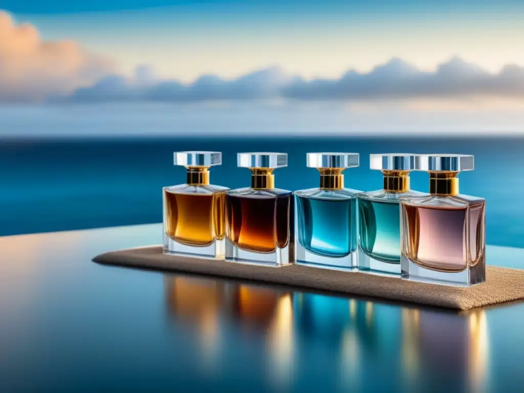 Una selección de elegantes perfumes para cruceros marítimos en un escenario lujoso y sofisticado