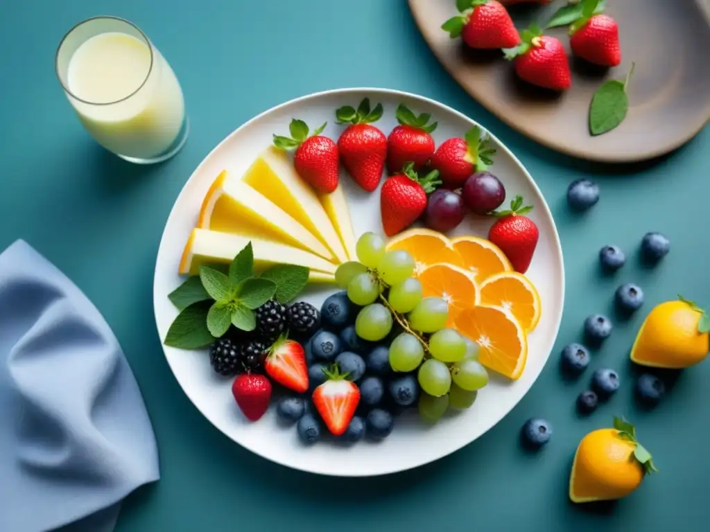 Una selección fresca y colorida de frutas en un plato blanco impecable