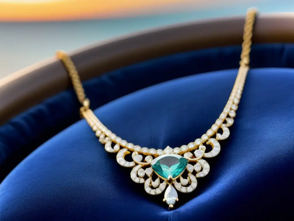 Selección de joyas para crucero: Collar de lujo con diamantes en cojín de terciopelo, resplandeciendo bajo suave luz natural