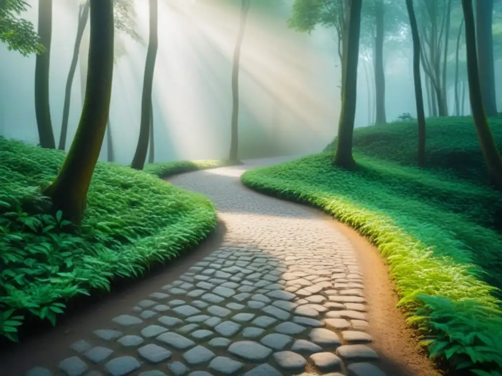 Un sendero empedrado serpentea entre árboles verdes, con la luz del sol creando patrones en el suelo