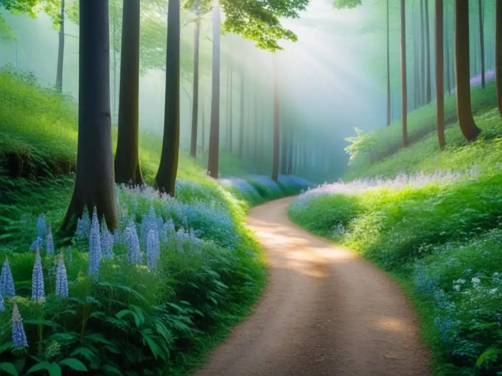 Un sendero sereno en el bosque con flores silvestres y un arroyo cristalino, ideal para excursiones ecológicas en cruceros