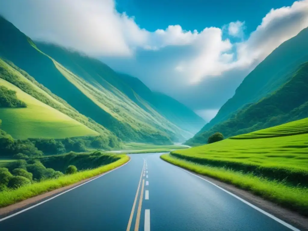 Un sendero sereno serpenteando entre montañas verdes, bajo un cielo azul con nubes esponjosas