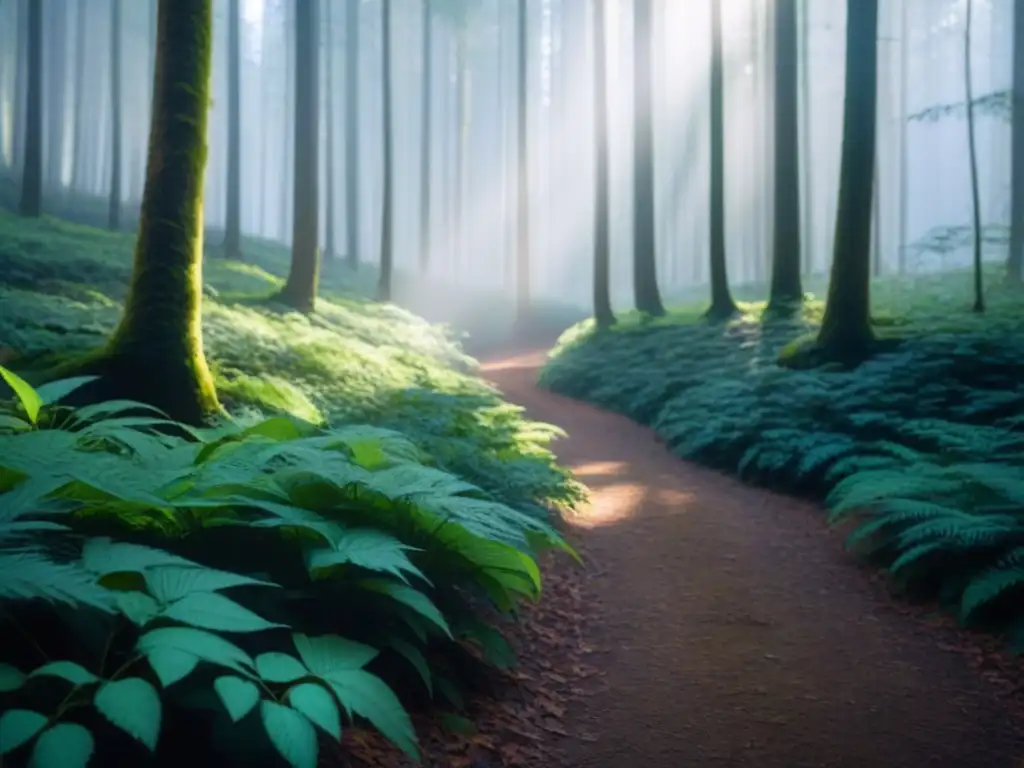 Un sendero serpenteante se pierde entre árboles en un bosque verde y exuberante