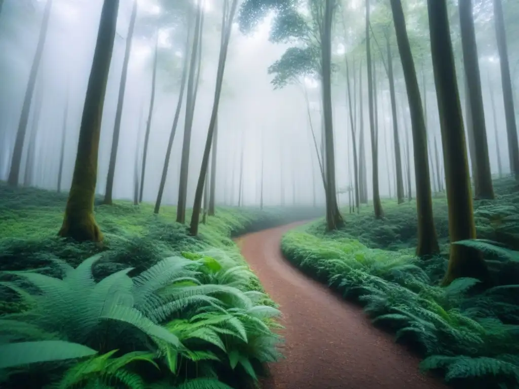 Un sendero serpenteante se adentra en un frondoso bosque verde, iluminado por rayos de sol