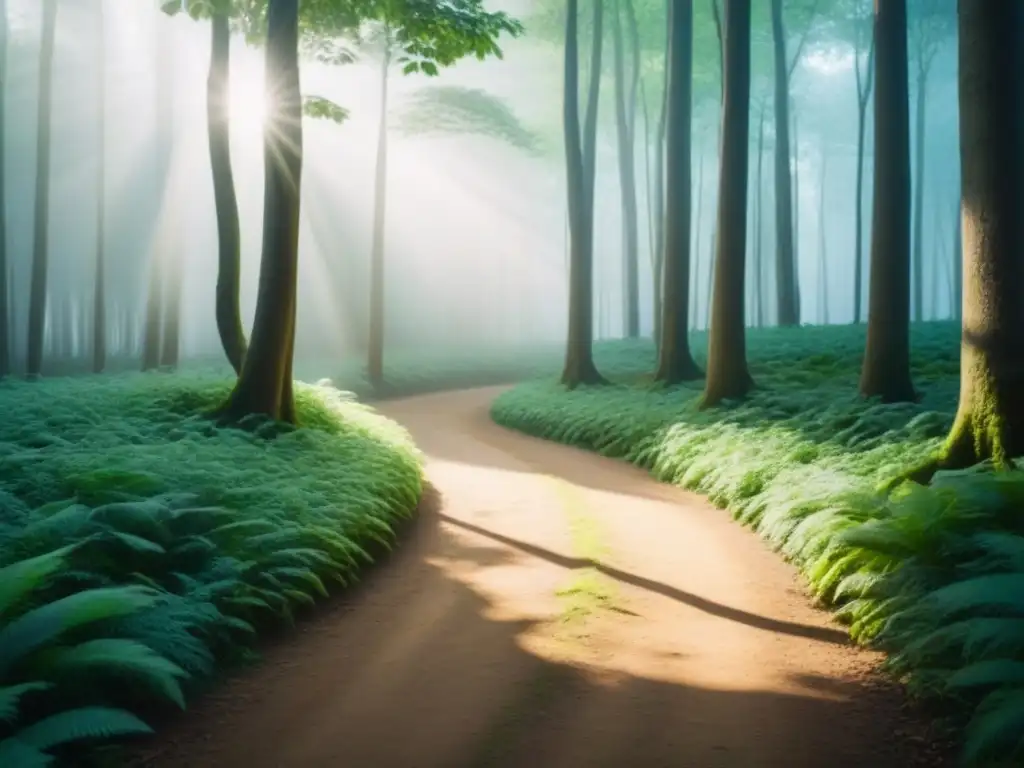 Un sendero serpenteante atraviesa un frondoso bosque verde, iluminado por el sol