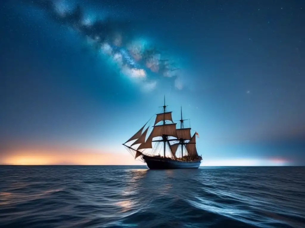 Ilustración serena de un barco histórico navegando bajo un cielo estrellado