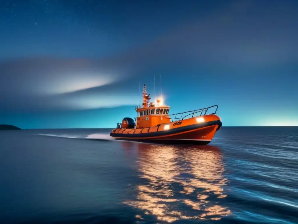 Lifeboat en aguas tranquilas: seguridad en un crucero Una ilustración serena de un bote salvavidas en aguas tranquilas bajo un cielo estrellado, transmitiendo seguridad y preparación en un crucero