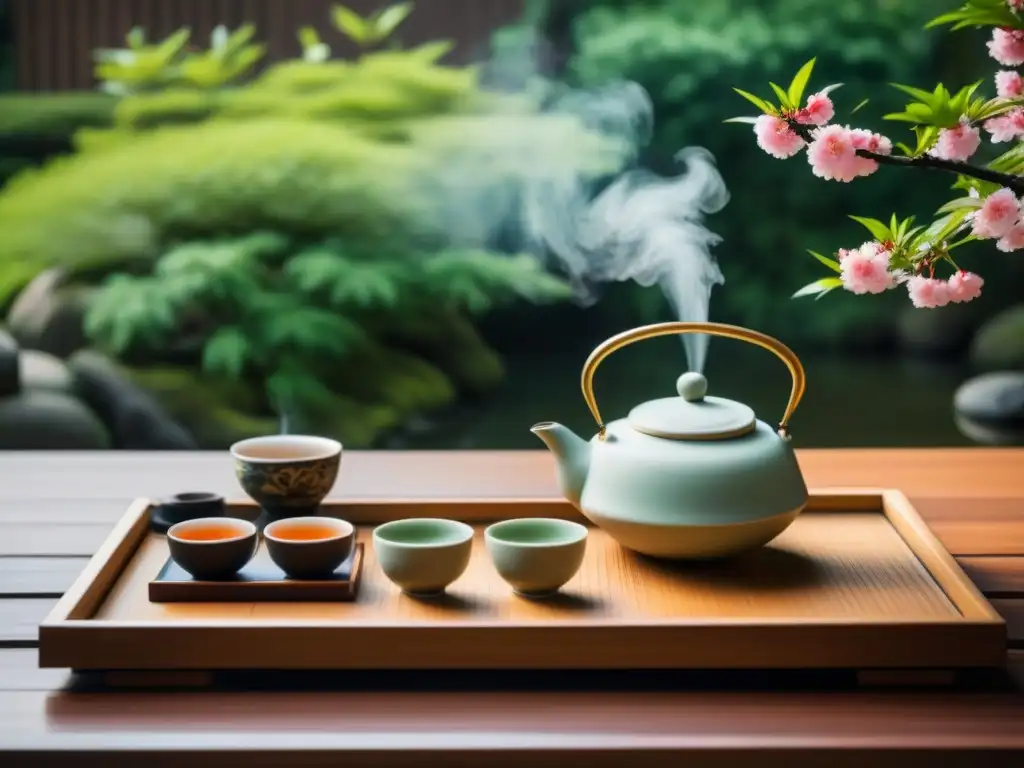 Una serena ceremonia del té japonés con un set delicado y elegante en una mesa de madera, en un jardín japonés tranquilo