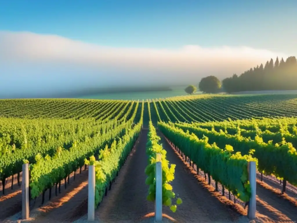 Una serena vista de viñedos bañados por el sol, con filas ordenadas de uvas y el cielo azul