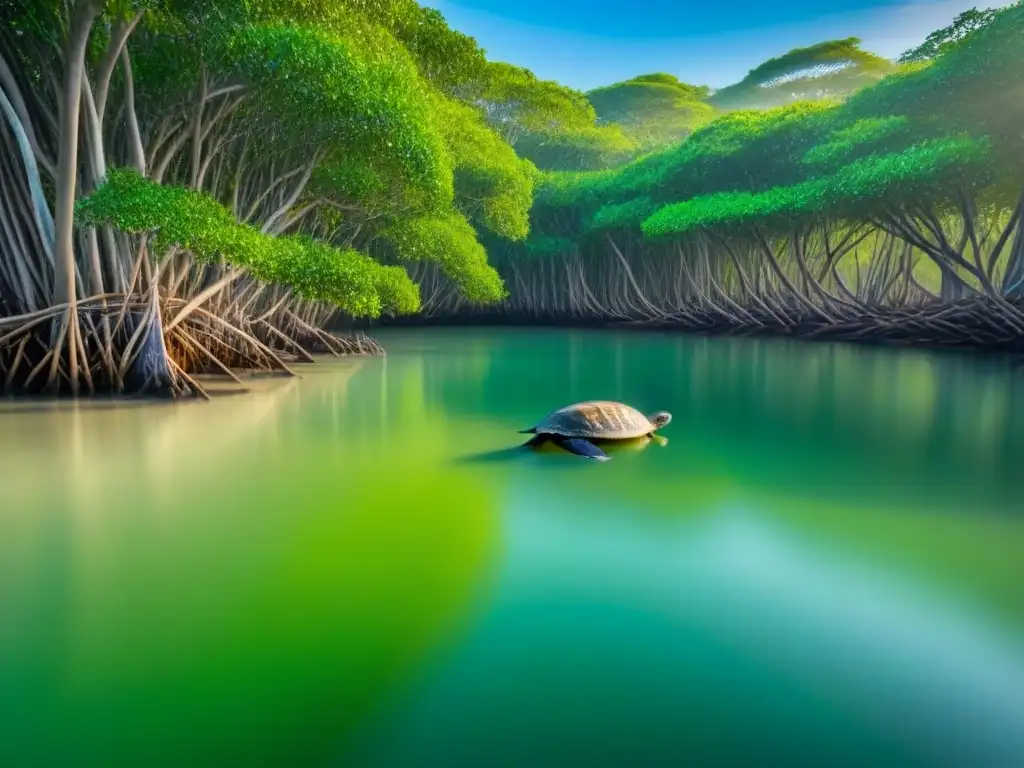 Explora la serenidad de un bosque de manglares al amanecer con reflejos en el agua