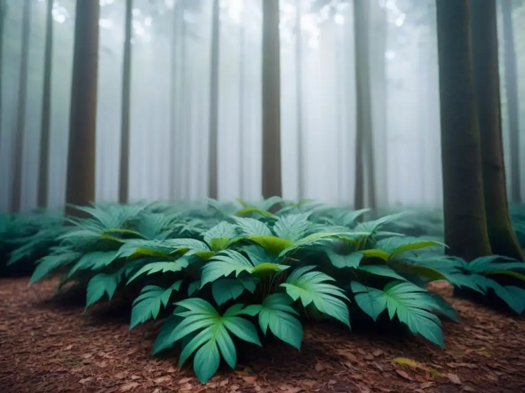 La serenidad de un bosque verde con luz solar filtrándose entre el dosel, proyectando sombras moteadas en el suelo