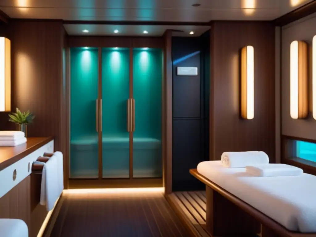 Descubre la serenidad de un lujoso spa en un crucero, con diseño minimalista y ambiente tranquilo