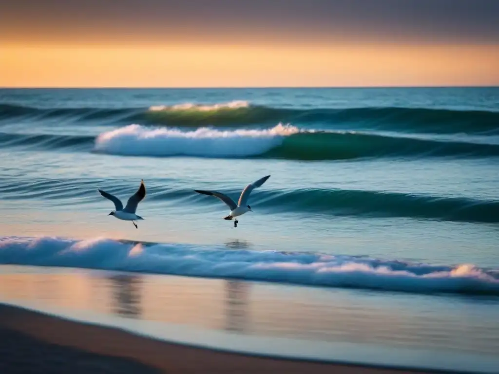 Tranquilidad al amanecer: océano sereno con gaviotas La serenidad del amanecer en el mar, con olas suaves y gaviotas al vuelo, refleja la tranquilidad y paz del océano