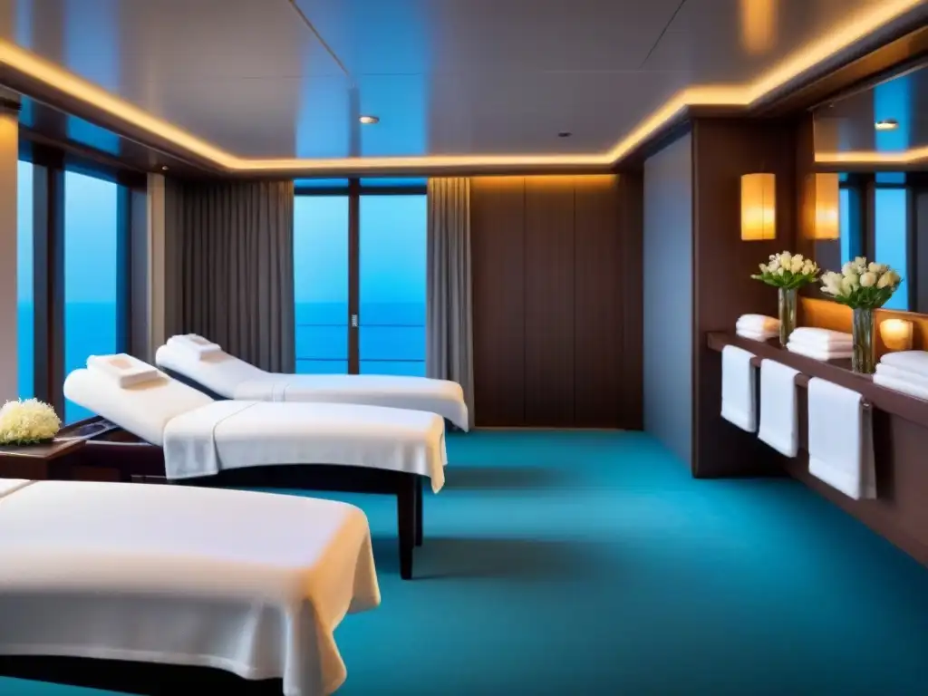 Experimenta la serenidad de los spas de lujo en cruceros: toallas blancas, iluminación suave y mesas de masaje con elegantes arreglos florales