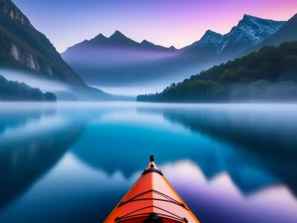 Amanecer sereno en lago tranquilo con kayak flotante, rodeado de montañas neblinosas