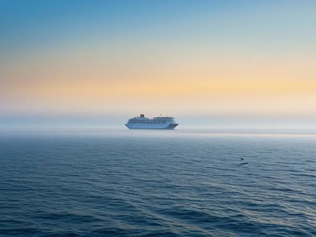 Amanecer sereno en el mar con un crucero solitario a lo lejos, reflejando paz interior