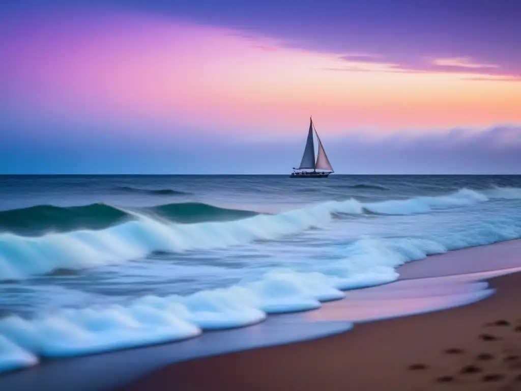 Amanecer sereno en el mar, con olas suaves y cielo rosado y violeta