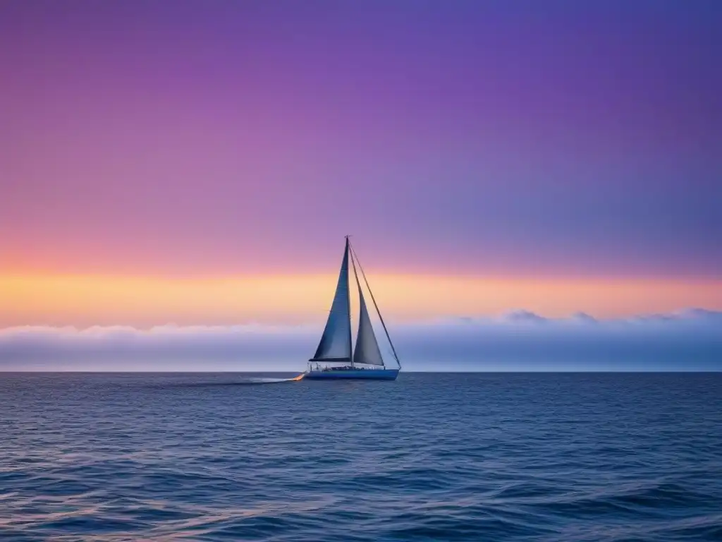 Amanecer sereno sobre el mar con velero blanco y aves marinas