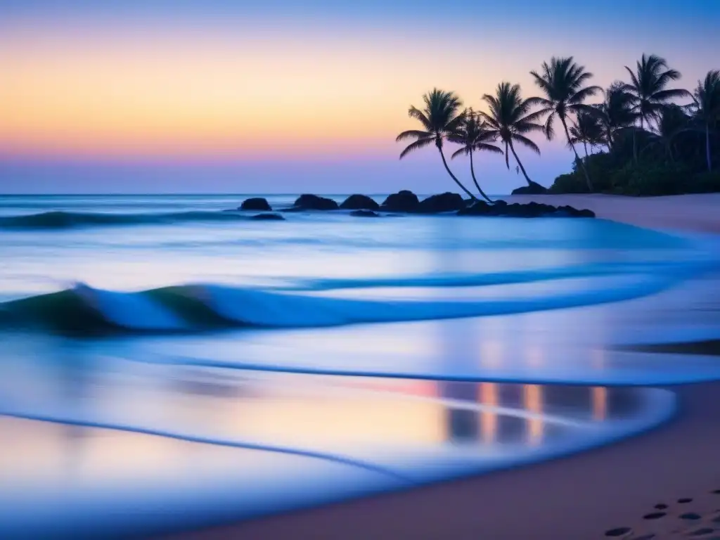 Amanecer sereno en playa prístina, olas suaves, palmeras y cielo claro reflejando colores pastel