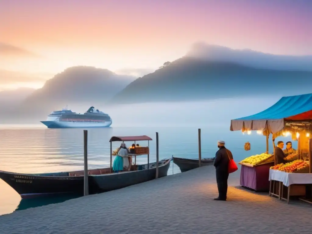 'Amanecer sereno en pueblo costero, barco de crucero al fondo y lugareños montando sus puestos, reflejando el impacto económico cruceros locales