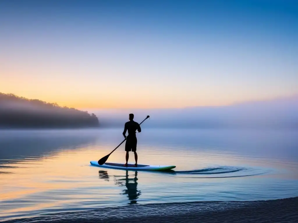 Amanecer sereno haciendo kayak paddleboarding, reflejos suaves en el agua, atmósfera tranquila