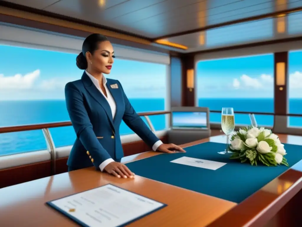 Servicio concierge en crucero de lujo, con elegantes amenidades y vistas al mar