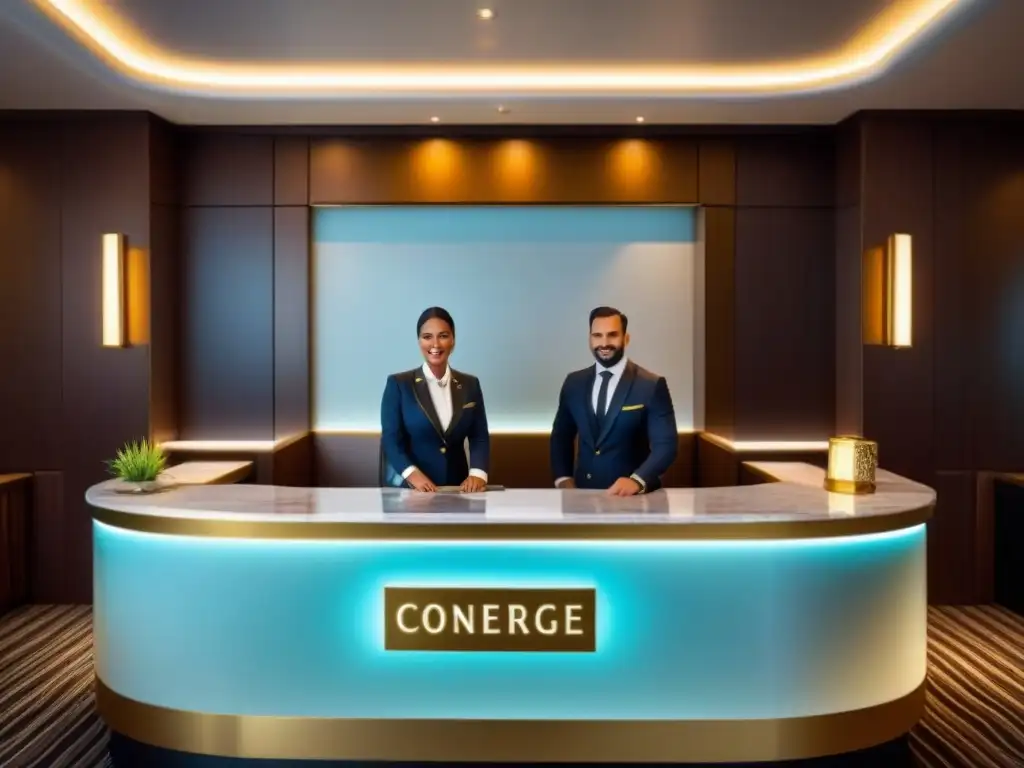 Servicio de concierge en cruceros: Escena lujosa de un escritorio de concierge en un crucero, con diseño elegante y detalles dorados