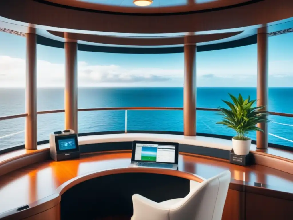 Servicio de concierge en cruceros: Escritorio moderno con vista al mar, plantas y campana