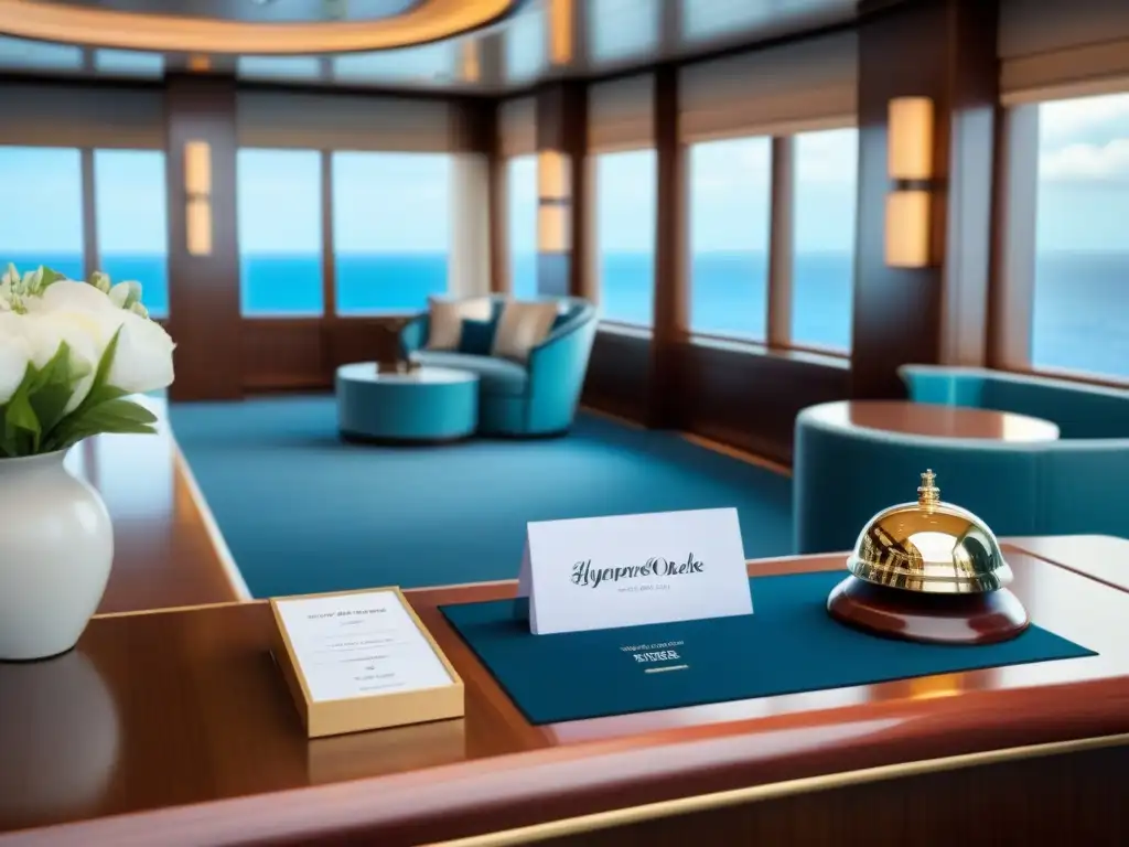 Servicio de concierge en cruceros: Imagen elegante de un escritorio en un lujoso barco, con detalles sofisticados y vista al mar