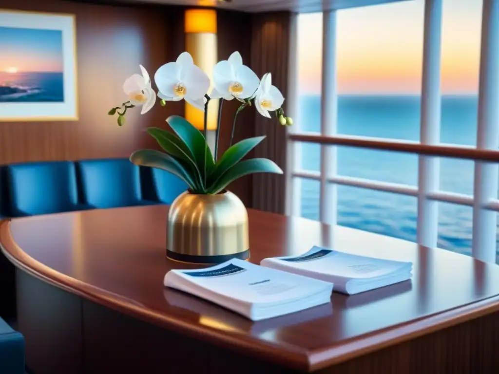 Servicios de concierge en cruceros: Elegante escritorio con orquídea blanca, folletos y campana en un lujoso barco, con atardecer en el mar