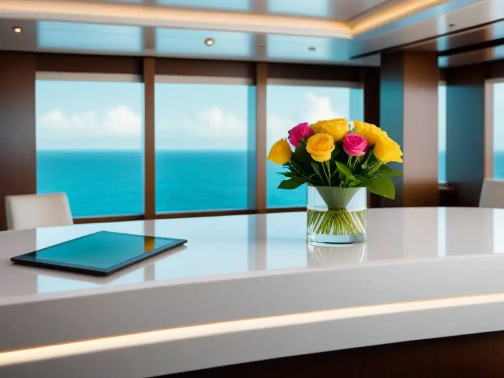 Servicios de concierge en cruceros: Elegante mostrador con logo de crucero, flores frescas y tablet con servicios personalizados en un lujoso barco