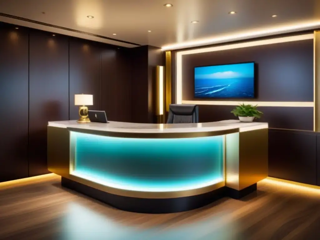 Servicios de concierge en cruceros: Elegante mostrador con mármol, detalles dorados y pantalla digital, iluminado con sofisticación