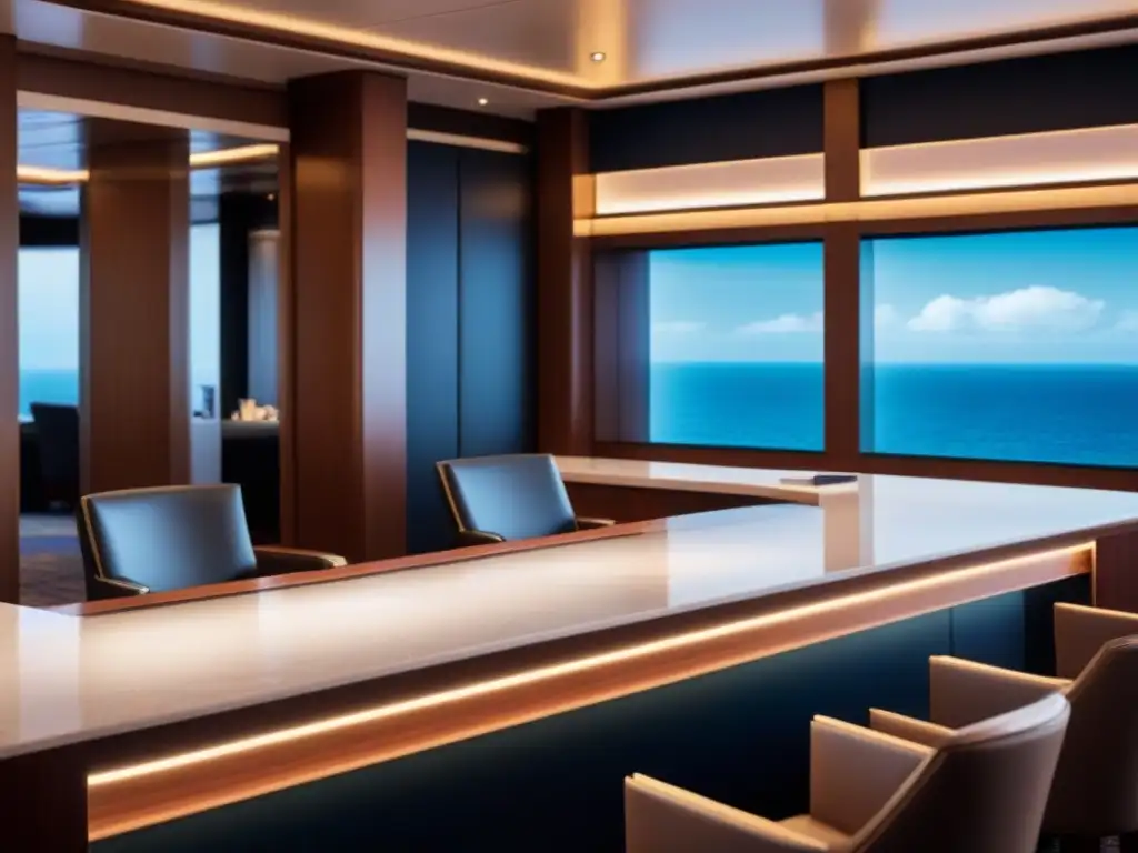 Servicios de concierge en cruceros: Un lujoso escritorio de recepción en un crucero, minimalista y elegante, bañado en una suave luz ambiental