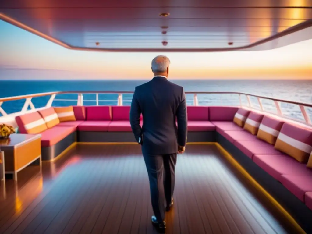 Servicios concierge en cruceros: Personal elegante en cubierta al atardecer, ambiente lujoso y sereno