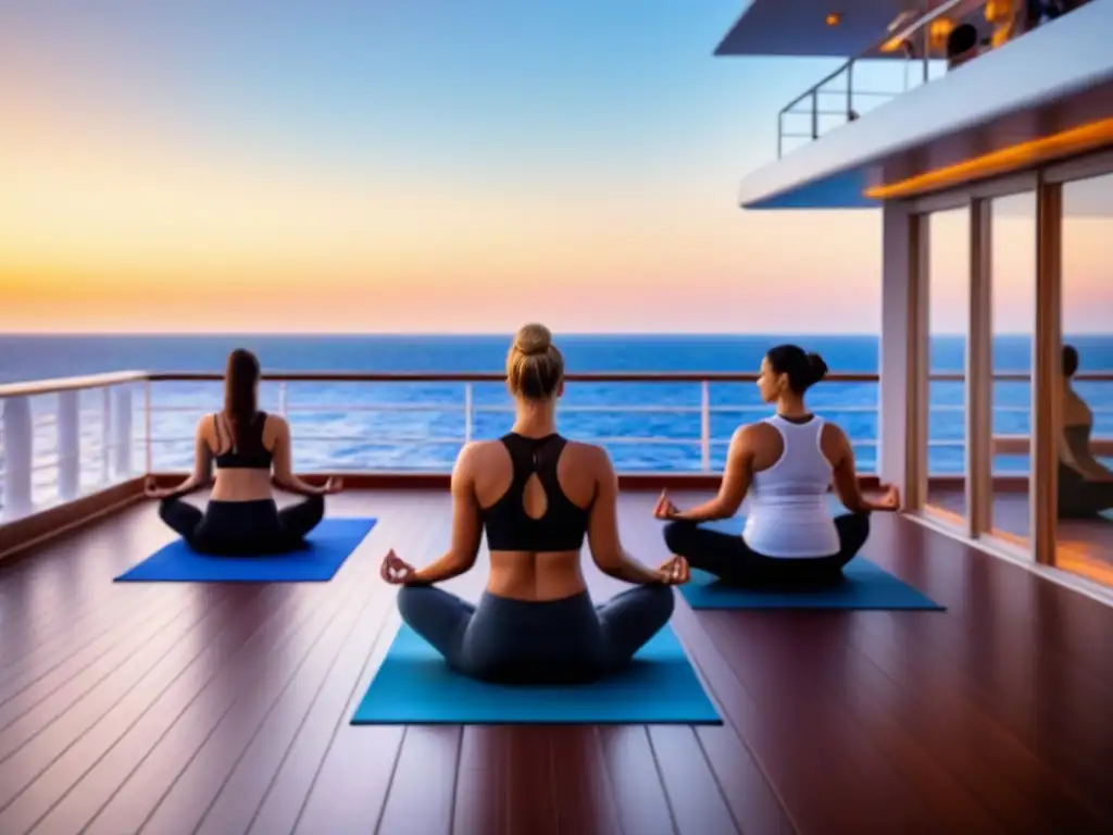 Una sesión de yoga al atardecer en un crucero, con el mar de fondo reflejando los cálidos colores del cielo