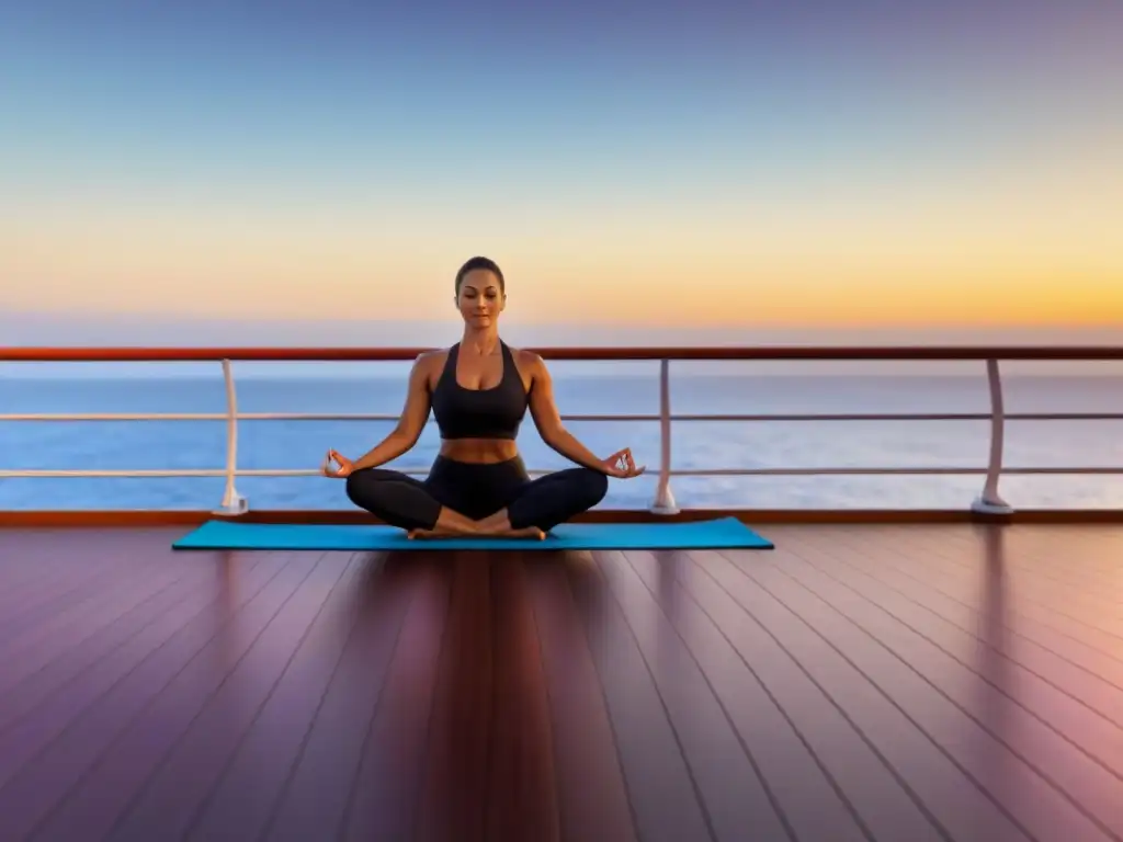 Una sesión de yoga al amanecer en un lujoso crucero, transmitiendo tranquilidad y bienestar